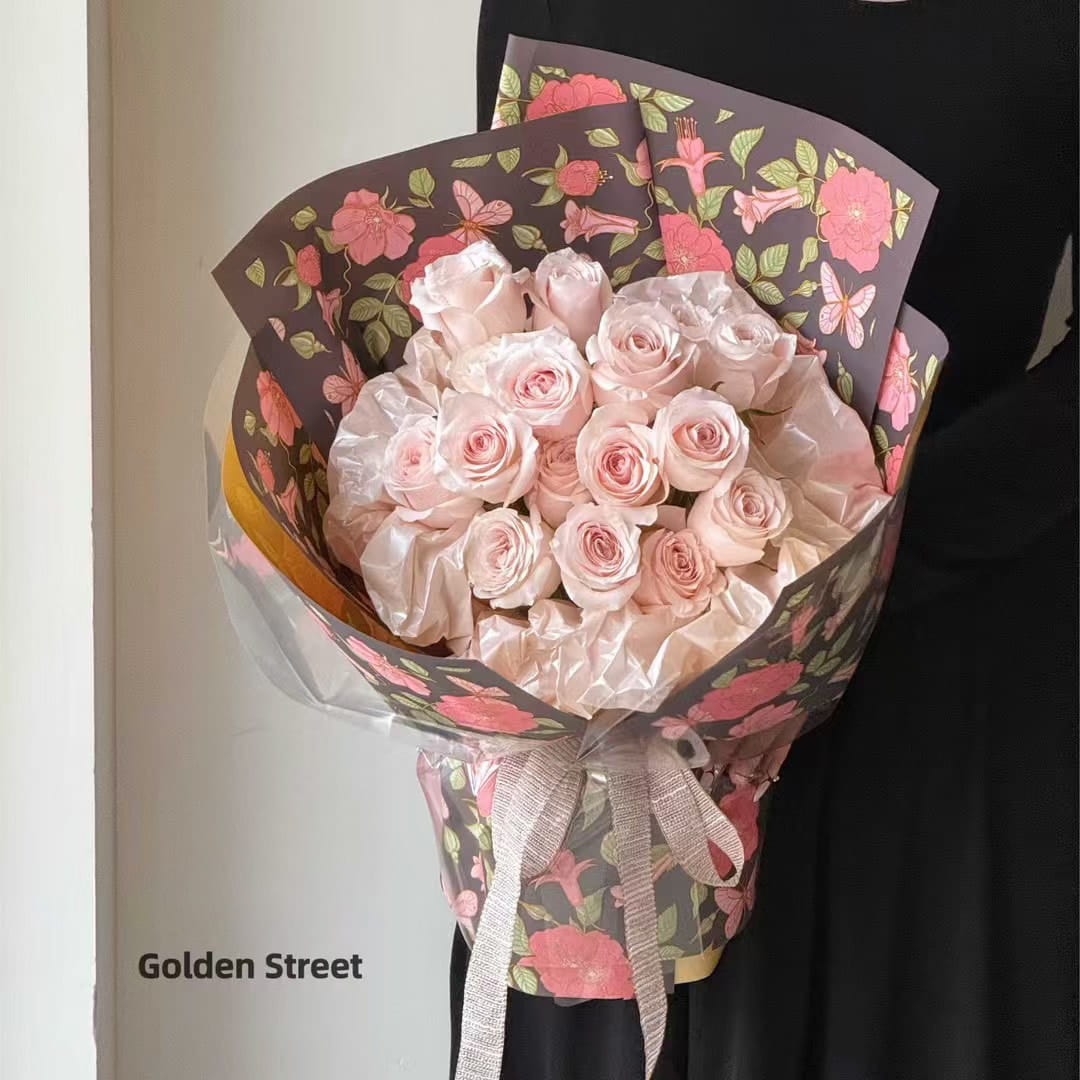 MYHC-76 Gold-Edged Vintage Camellia Pattern Pearlescent Film Flower Wrapping Paper