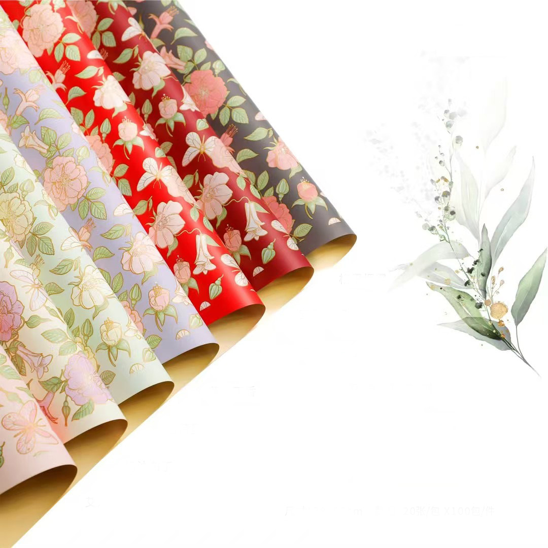 MYHC-76 Gold-Edged Vintage Camellia Pattern Pearlescent Film Flower Wrapping Paper