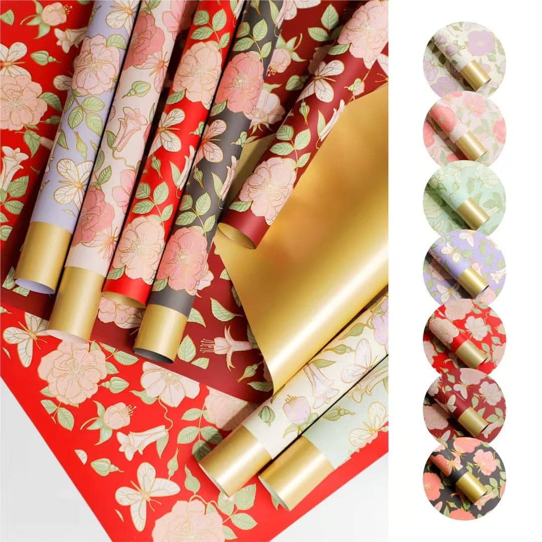 MYHC-76 Gold-Edged Vintage Camellia Pattern Pearlescent Film Flower Wrapping Paper